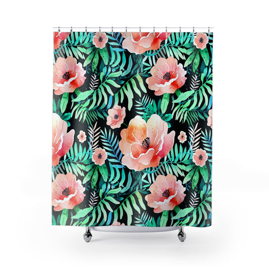 Coral Poppy Floral Tropical Shower Curtain | Green Palm Leaves