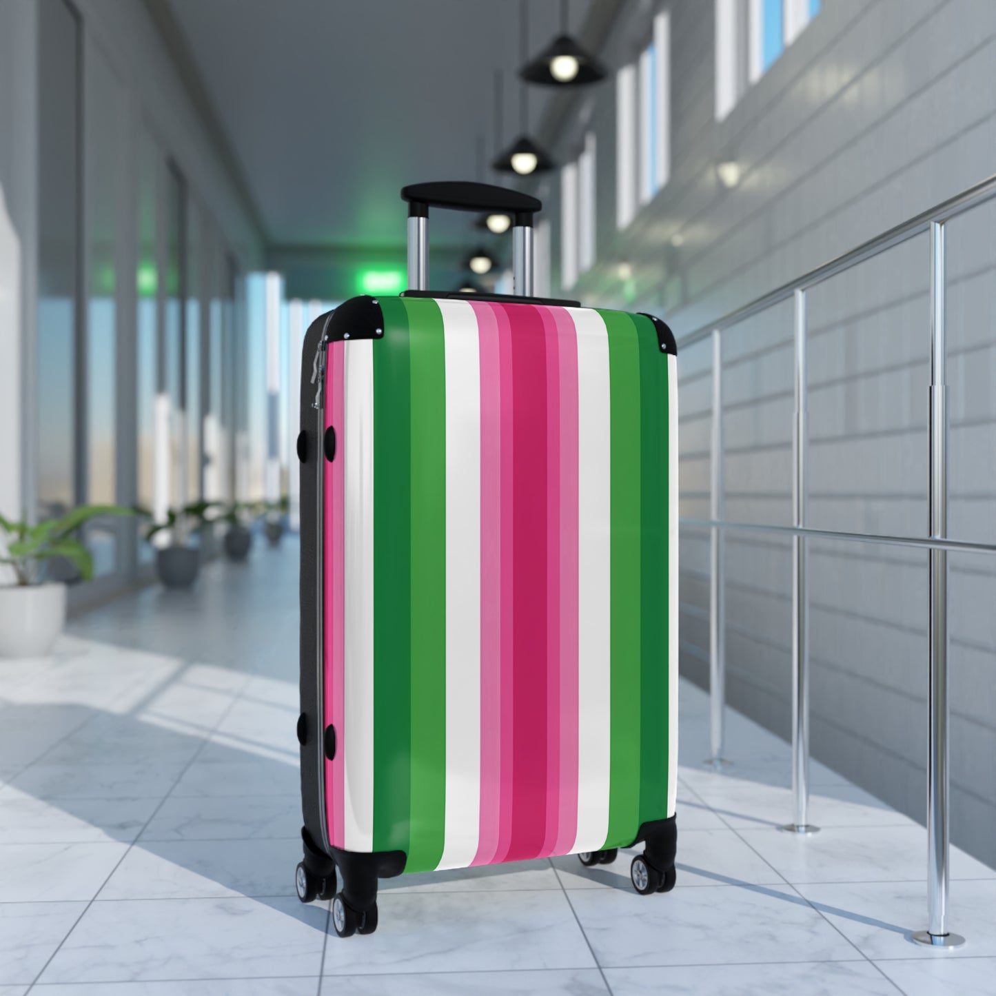 Pink & Green Stripe Suitcase | Vertical Color Block Luggage