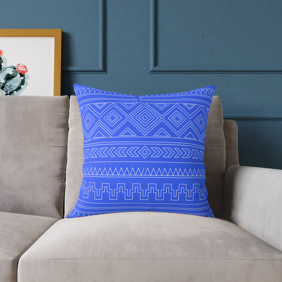 Blue Aztec Pattern Square Pillow | Geometric Tribal Throw Pillow