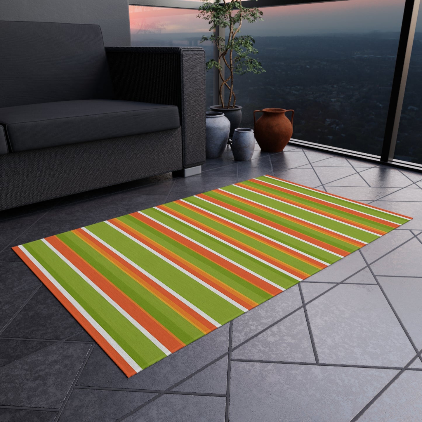 Bright Orange Green Striped Outdoor/Indoor Rug