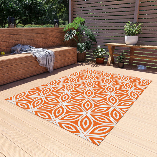 Geometric Floral Tile Outdoor/Indoor Rug | Orange Patterned Patio Mat