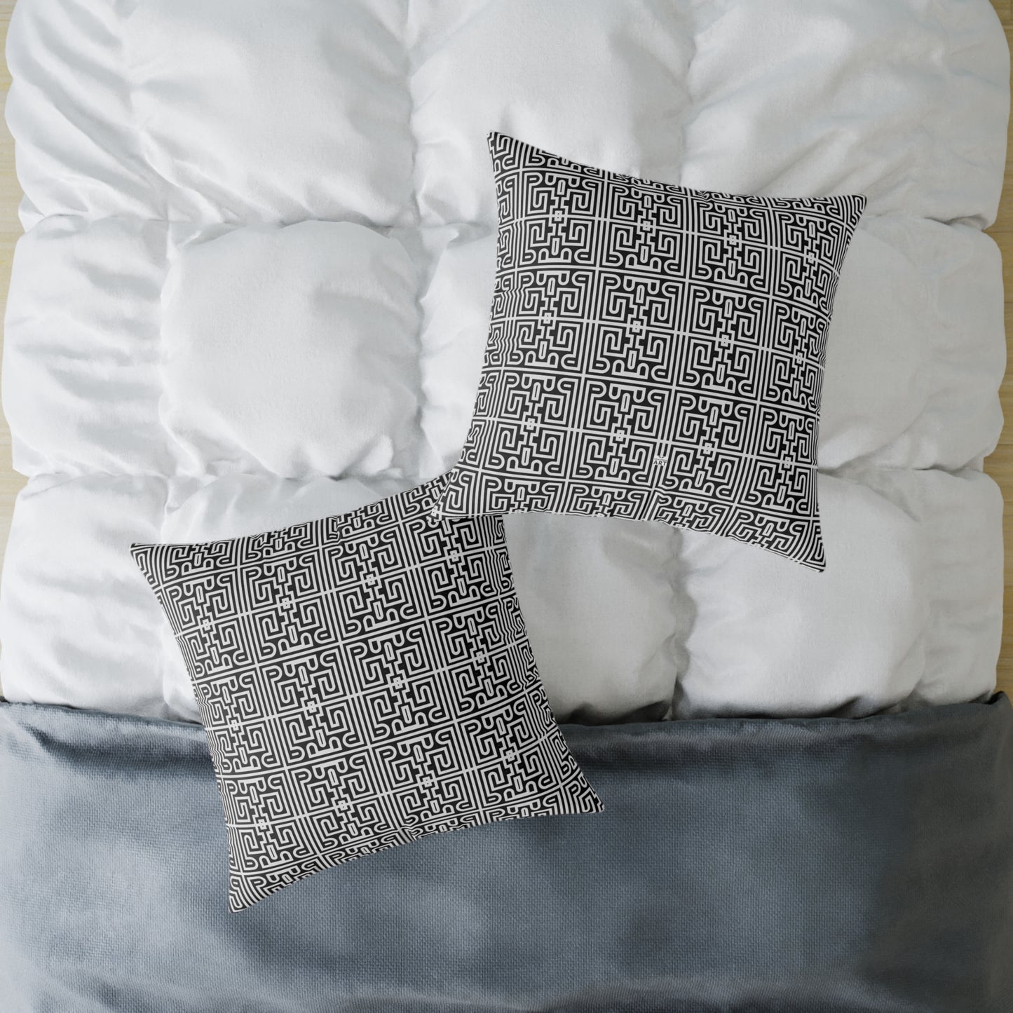 Geometric Black White Greek Key Pattern Square Pillow | Poly Canvas Pillow