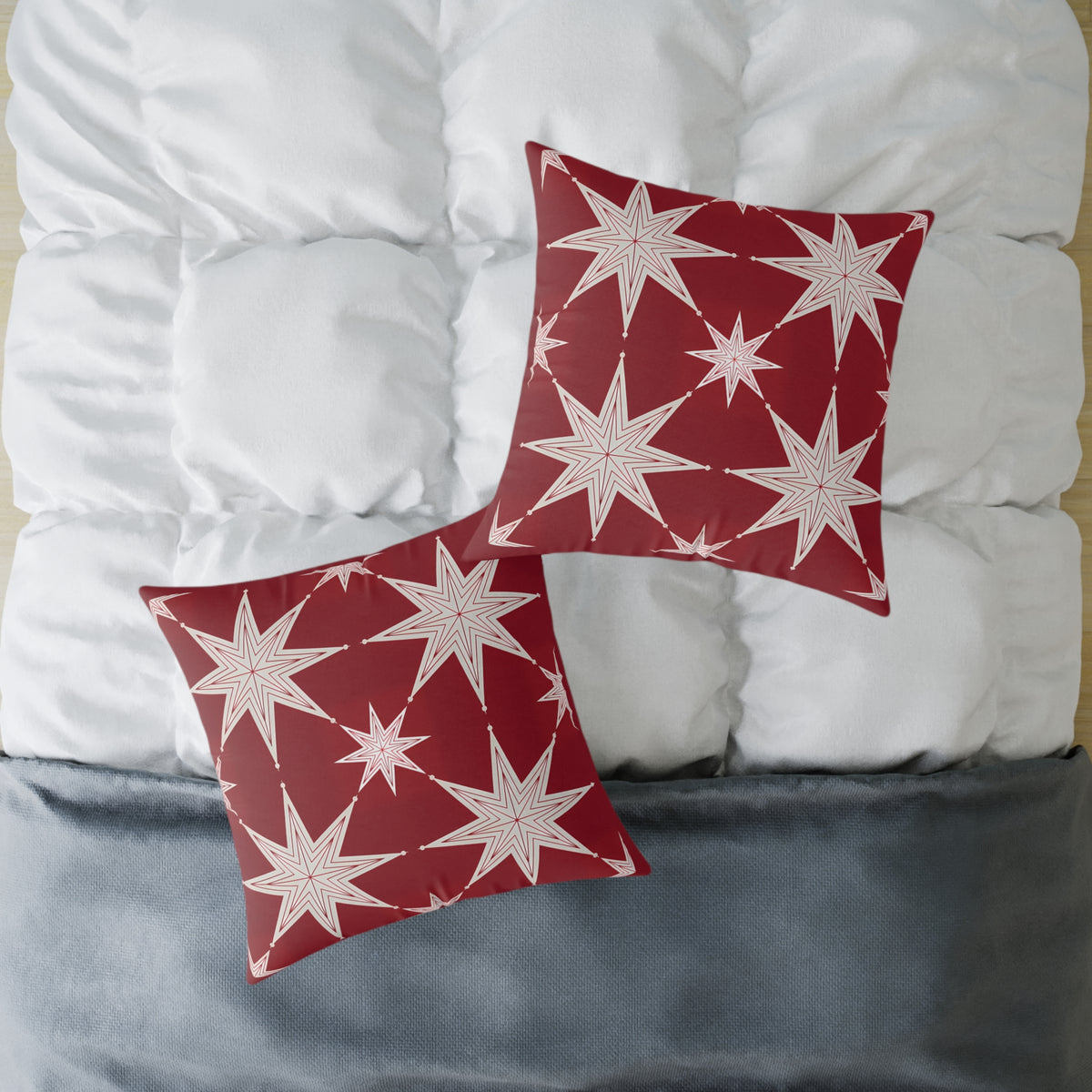 Ivory Starburst Pattern Square Pillow | Red Holiday Throw Cushion