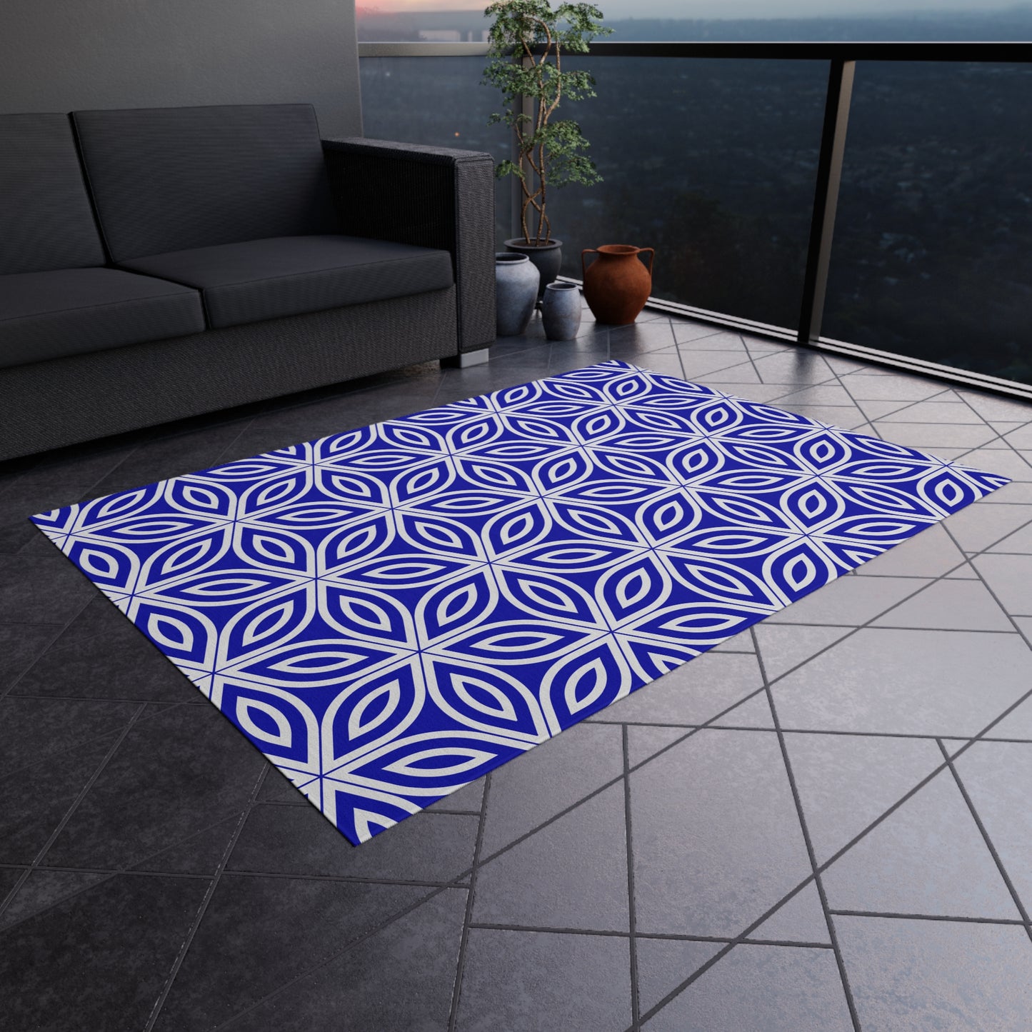 Royal Blue Geometric Floral Pattern Outdoor/Indoor Rug | Blue Petal Tile Design
