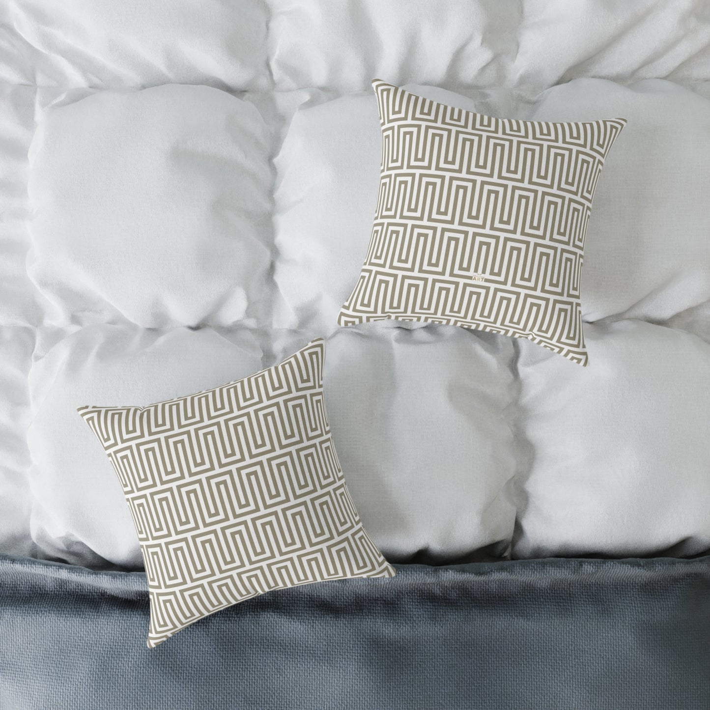 Tan White Greek Key Geometric Pattern Pillow | Square Poly Canvas Throw Pillow