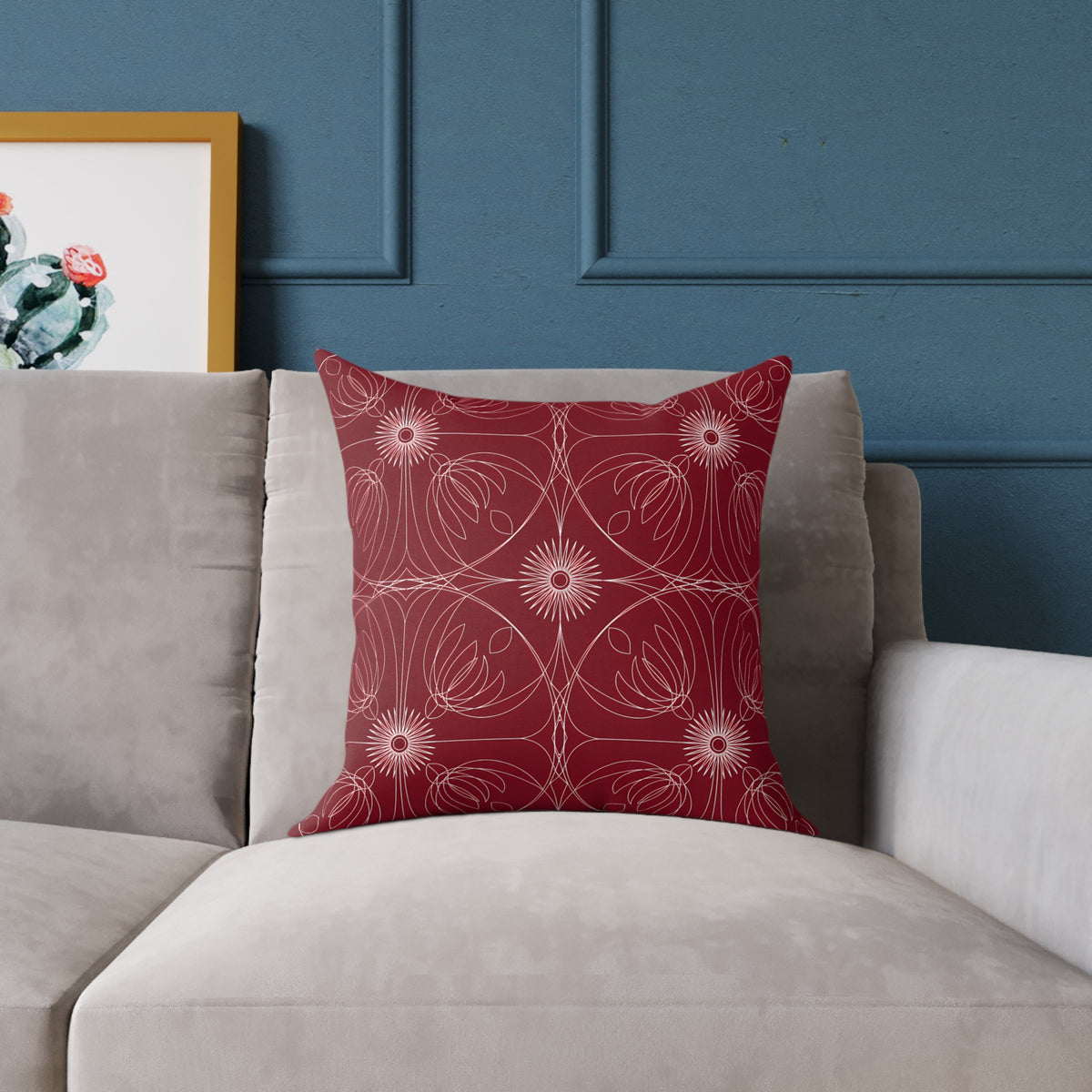 Red Floral Geometric Pattern Pillow | Square Throw Pillow