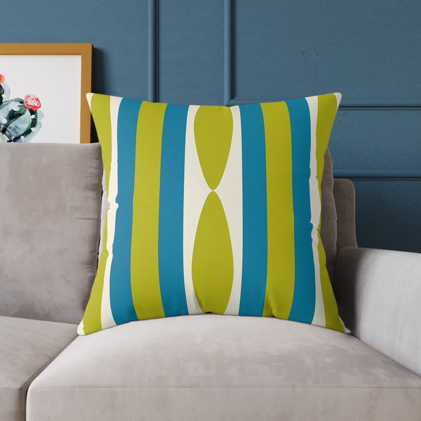 Mid Century Modern Stripe Pillow | Green and Cerulean Blue Geometric Retro Pattern