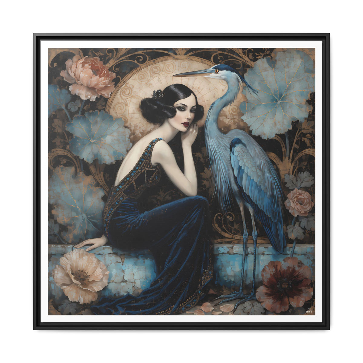 Art Deco Lady with Blue Heron Framed Canvas Wall Art