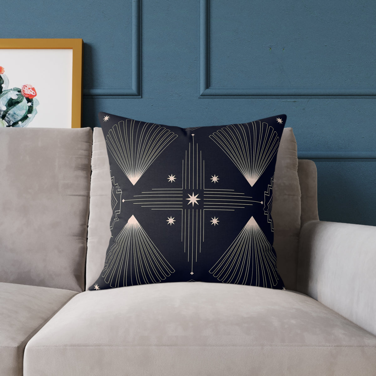 Indigo Blue Art Deco Starburst Square Pillow | Geometric Night Sky Throw Pillow