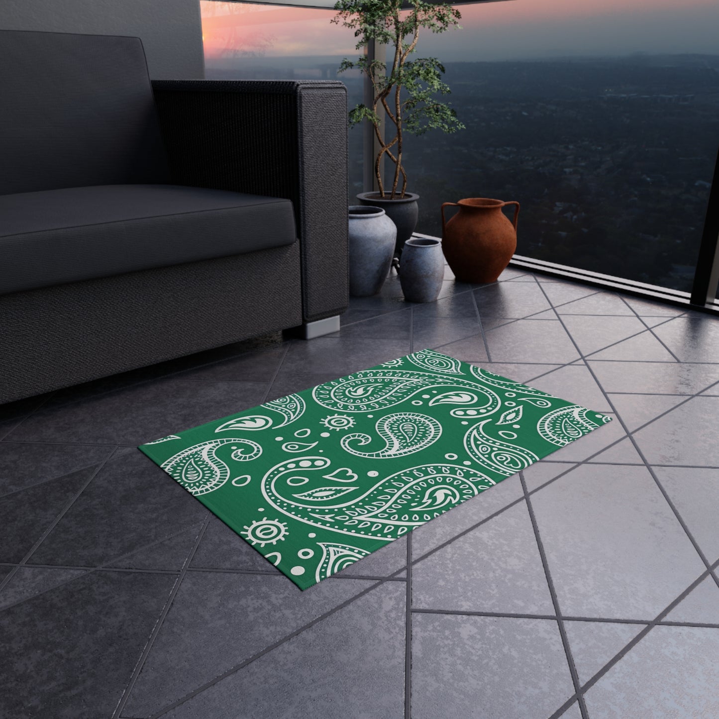 Green Paisley Pattern Outdoor/Indoor Rug | Waterproof Patio Mat