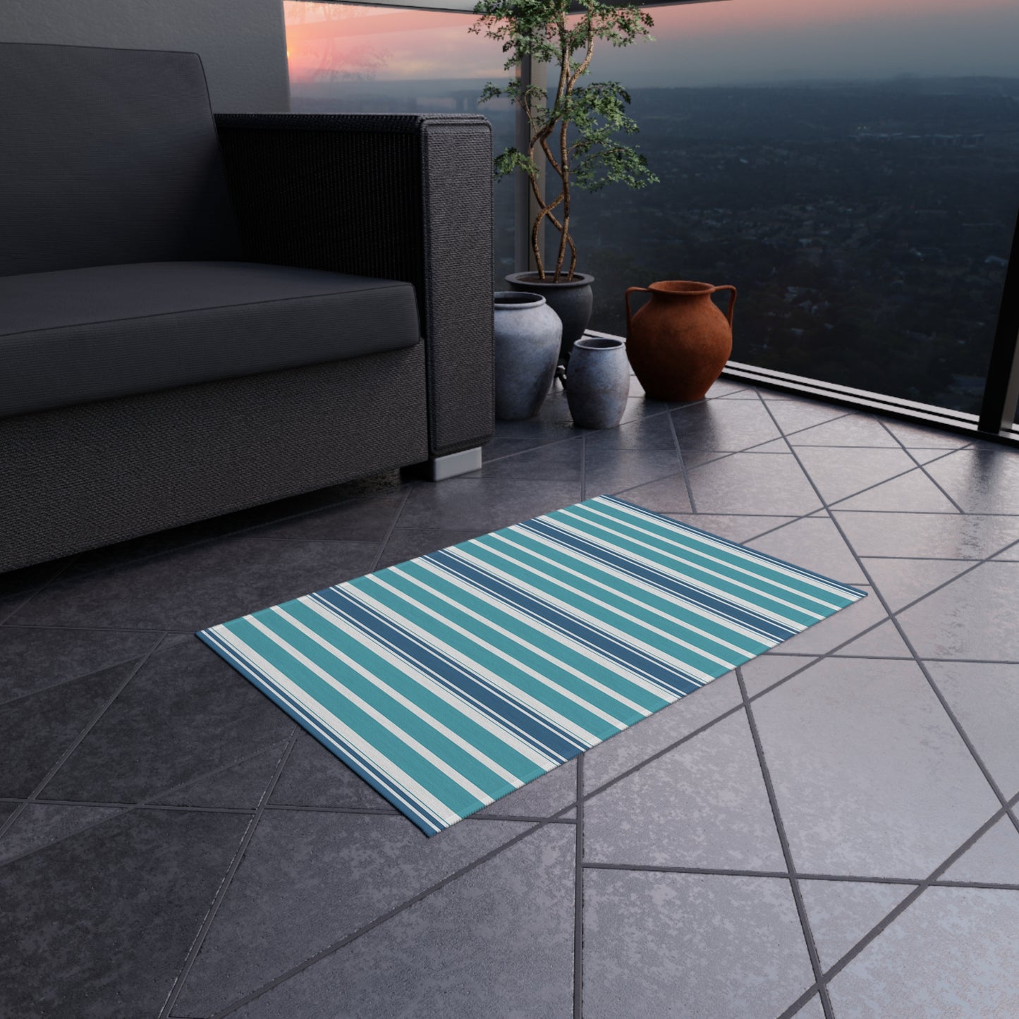 Blue Teal White Stripe Outdoor/Indoor Rug | Patio Deck Mat