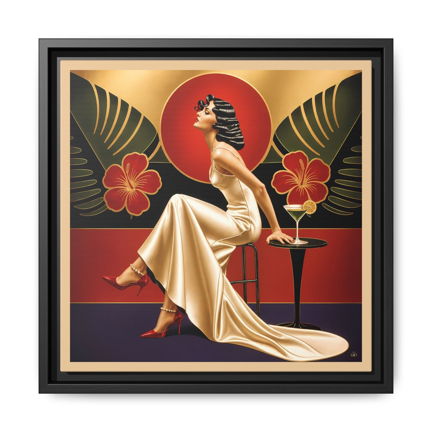 Art Deco Lady Red Green Beige Tropical Canvas Framed Wall Art | Matte Print