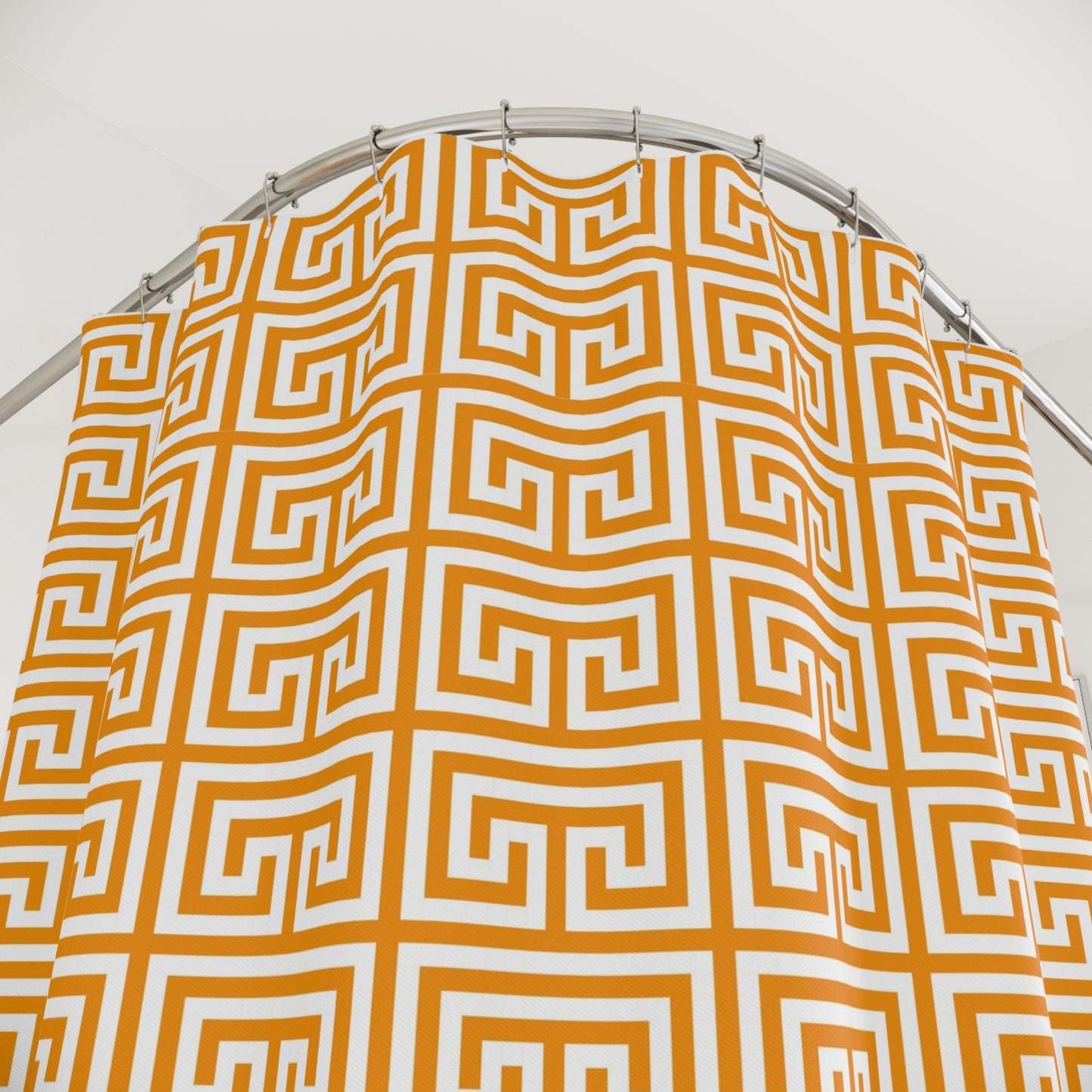 Greek Key Geometric Pattern Shower Curtain | Orange White Maze Tile