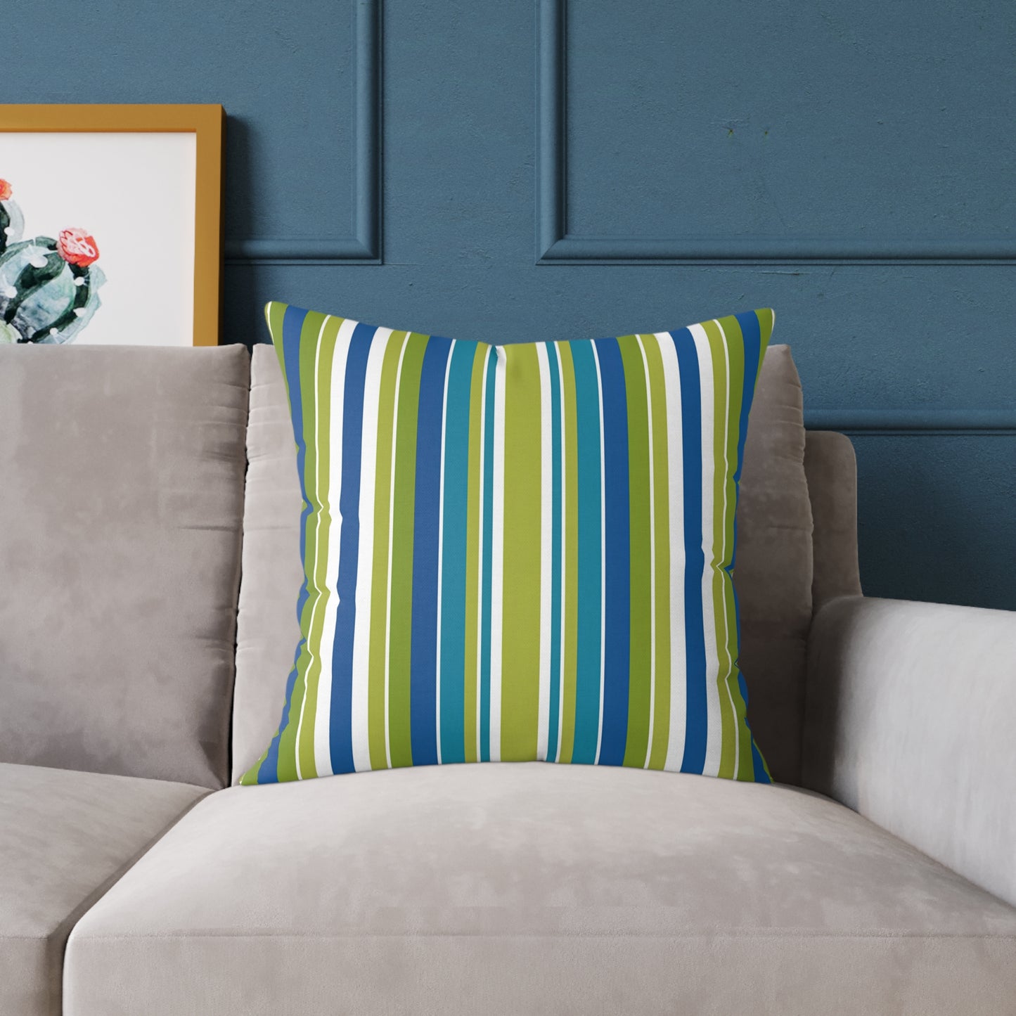 Blue Green White Vertical Stripe Square Pillow | Nautical Coastal Throw Cushion
