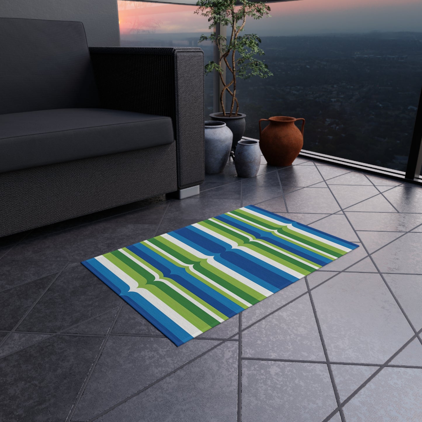 Blue Green Striped Pattern Outdoor/Indoor Rug | Patio Deck Mat