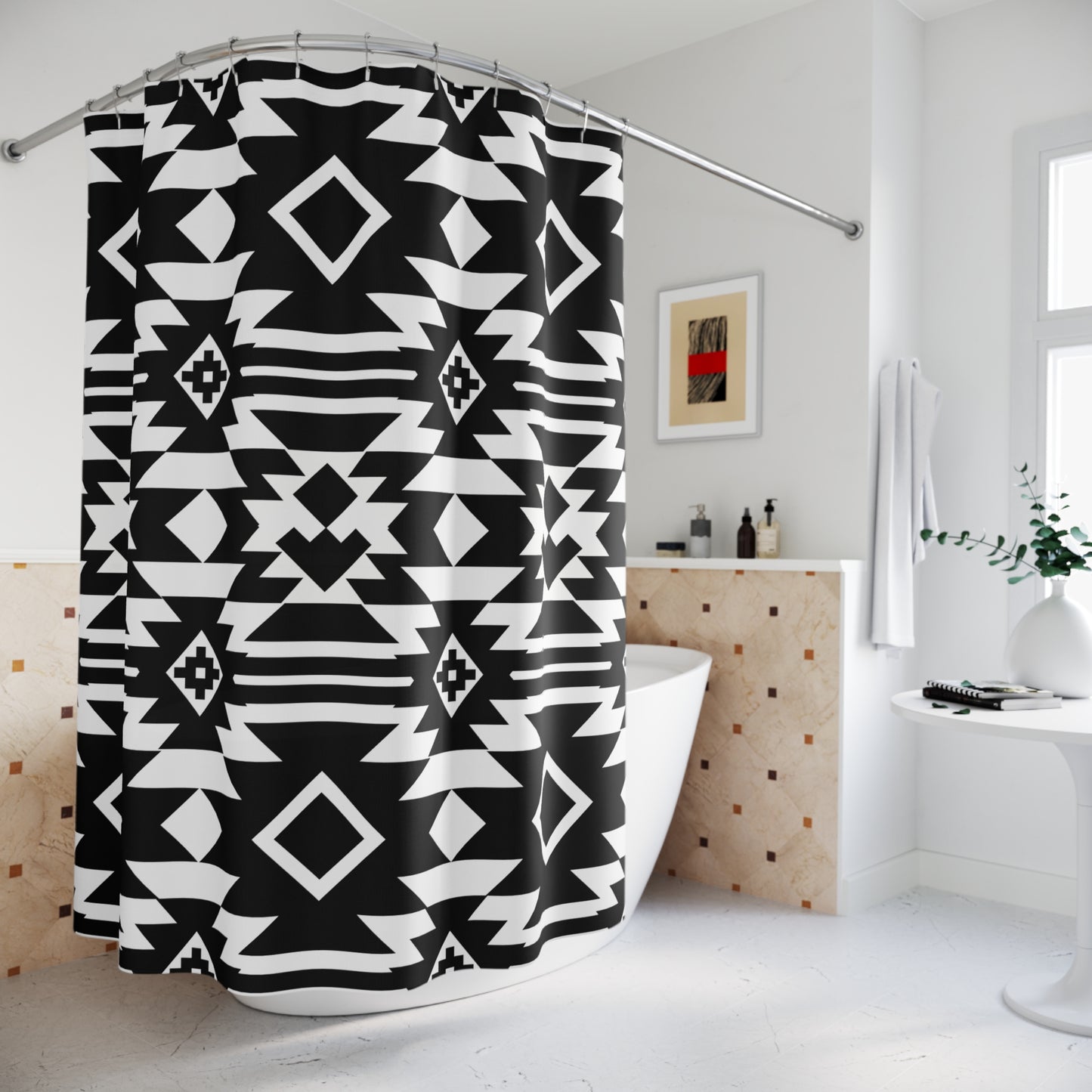 Black White Aztec Pattern Shower Curtain | Tribal Geometric Bathroom Decor