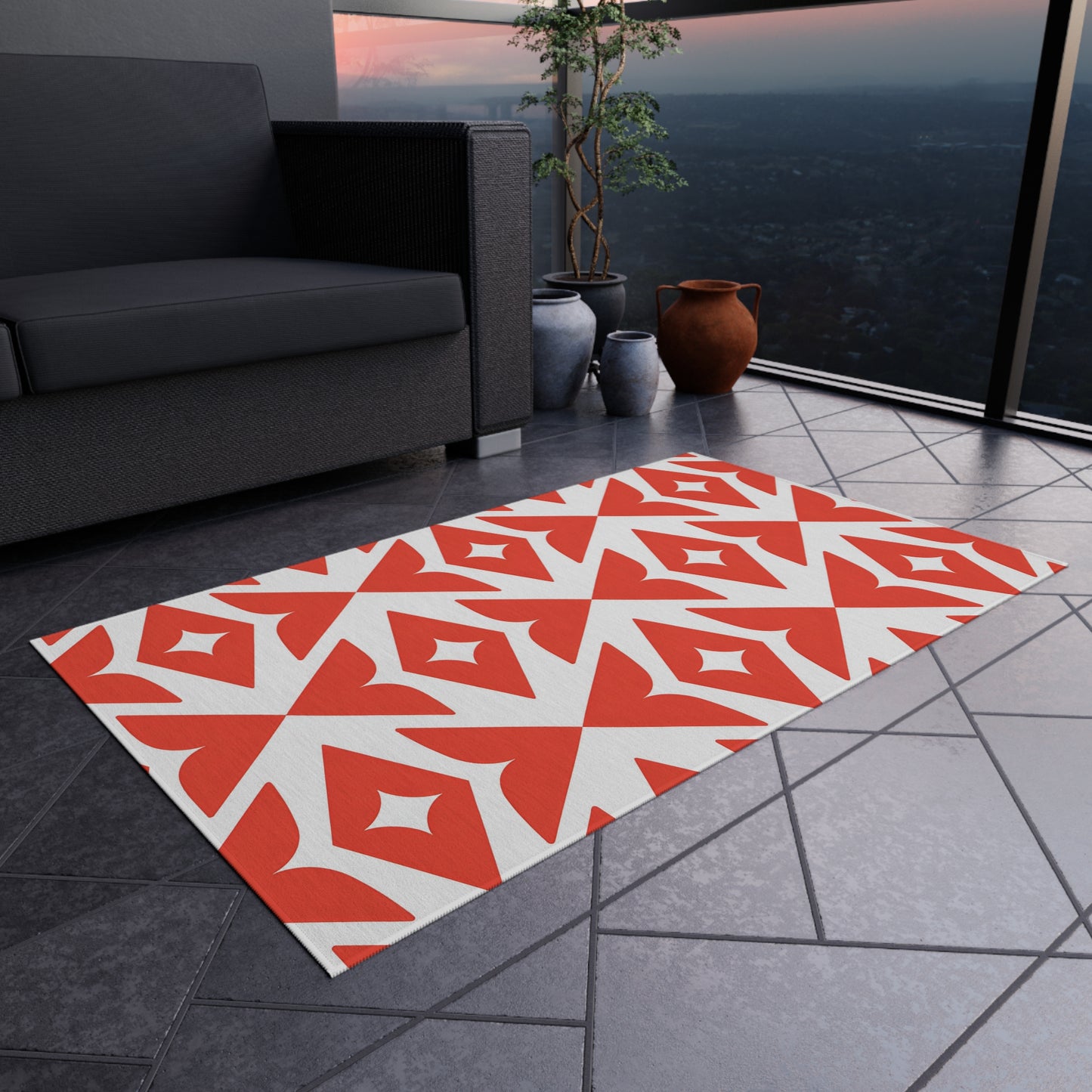 Retro Diamond Geo Outdoor/Indoor Rug | Dark Orange White Patio Mat
