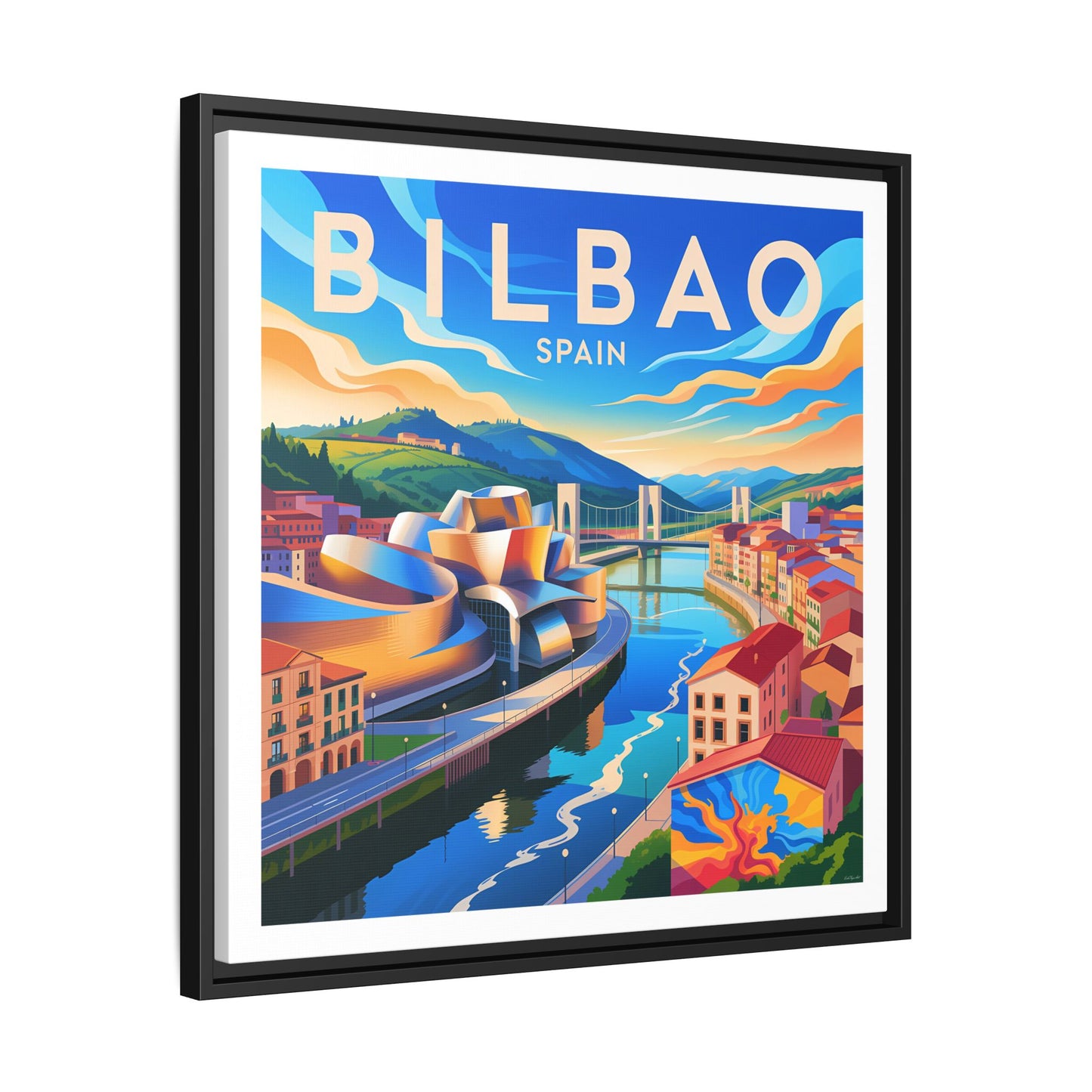 Bilbao Spain travel art Matte Canvas Framed | Bilbao cityscape wall art
