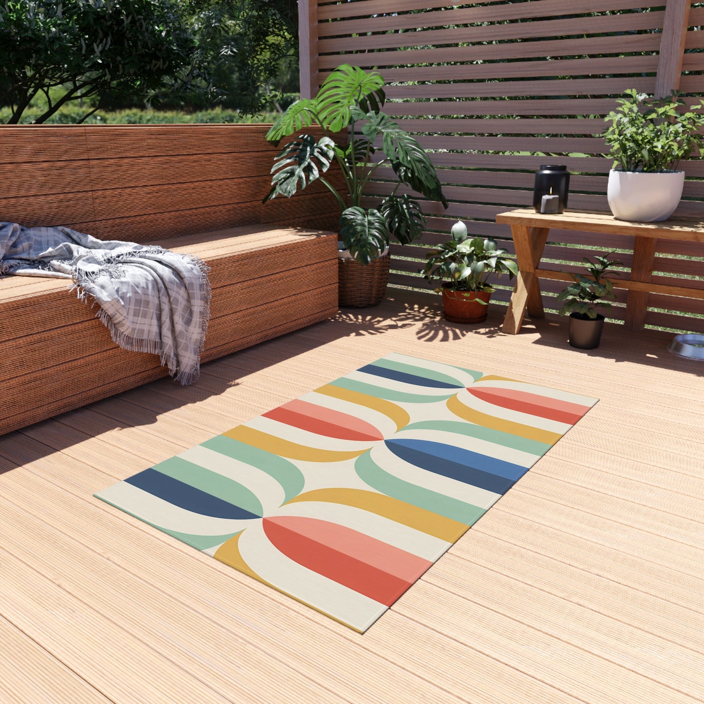 Mid Century Rainbow Arch Outdoor/Indoor Rug | Retro Geometric Patio Mat