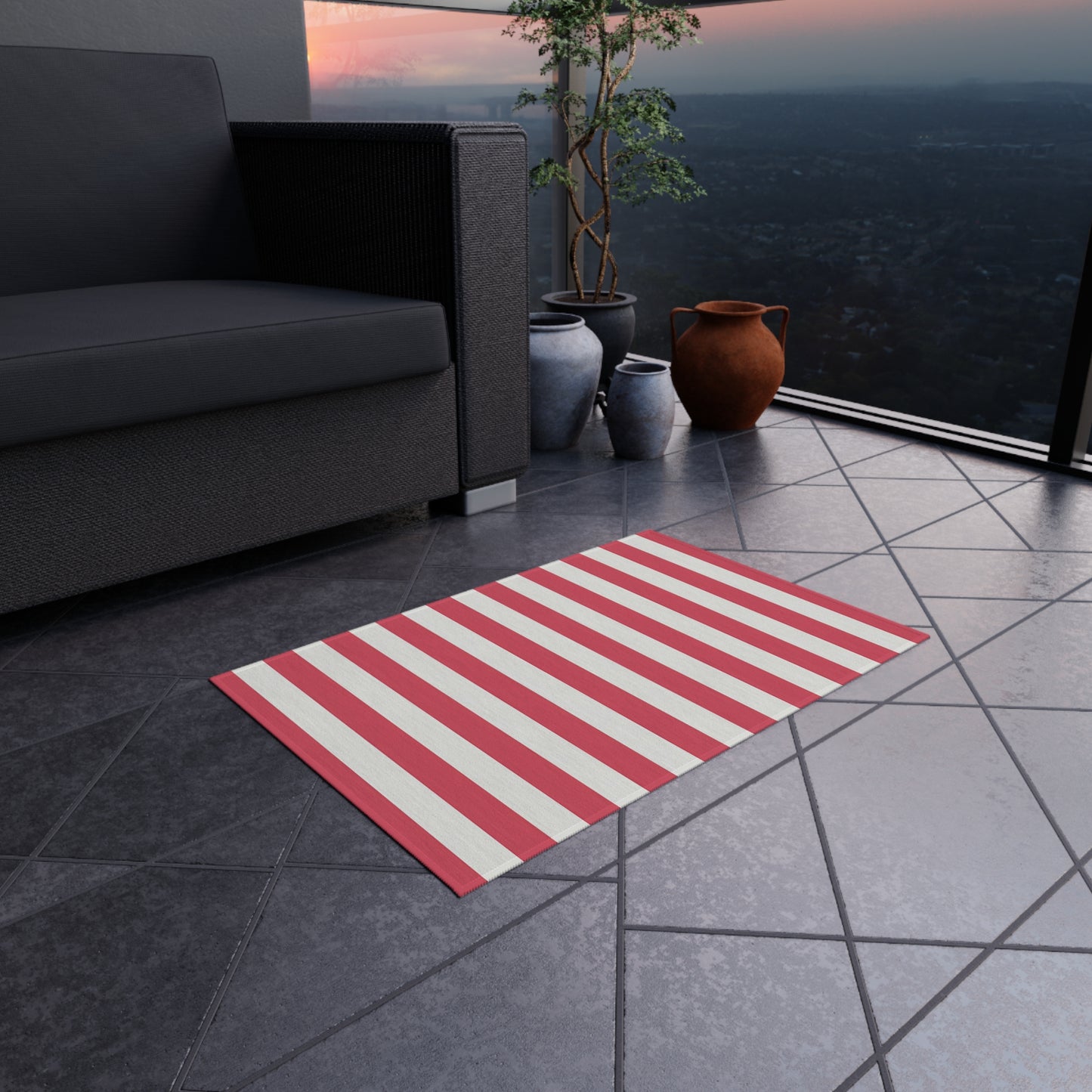 Red-Pink and White Vertical Stripe Outdoor/Indoor Rug | Patio Mat, Coastal Deck Accent