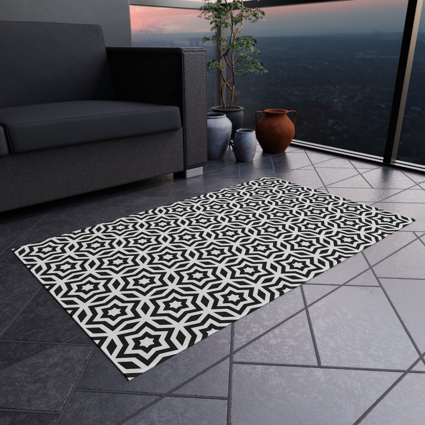 Black White Moroccan Tile Pattern Outdoor/Indoor Rug | Geometric Patio Mat