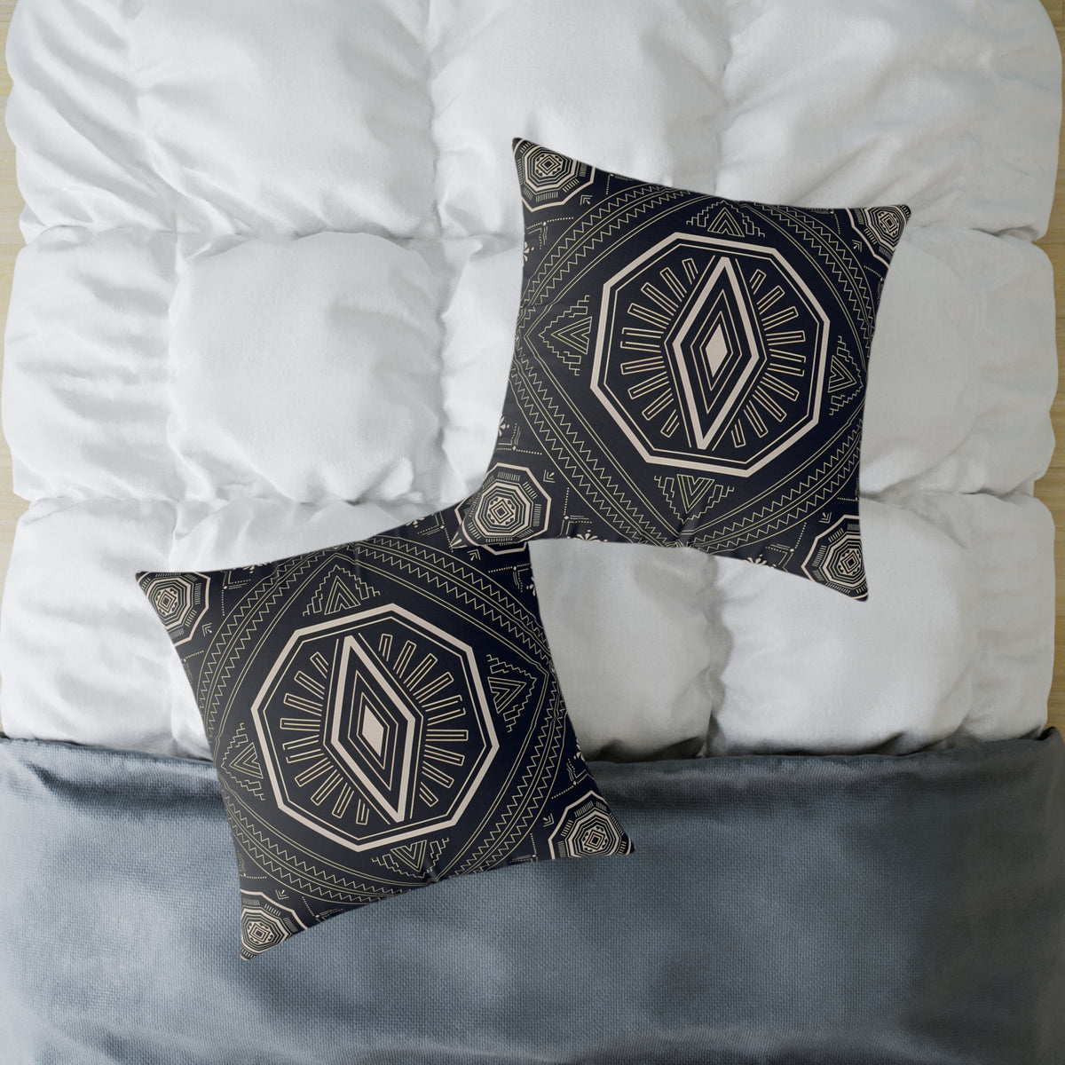 Geometric Black & Cream Tribal Medallion Square Pillow | Boho Aztec Pattern