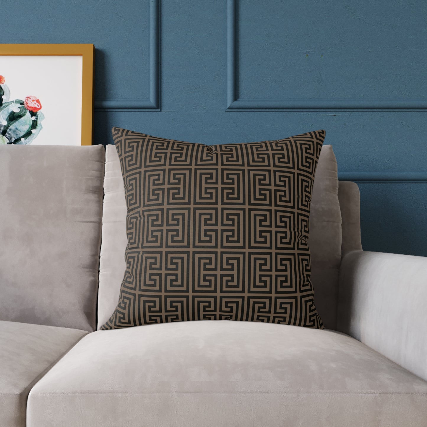 Greek Key Pattern Square Pillow | Geometric Throw Pillow, Neutral Brown and Black Home Decor