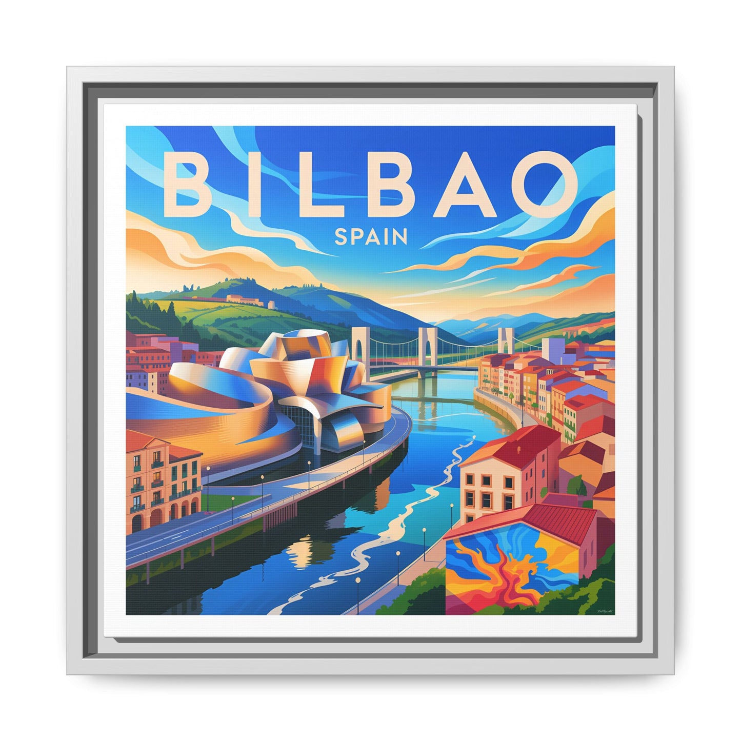 Bilbao Spain travel art Matte Canvas Framed | Bilbao cityscape wall art