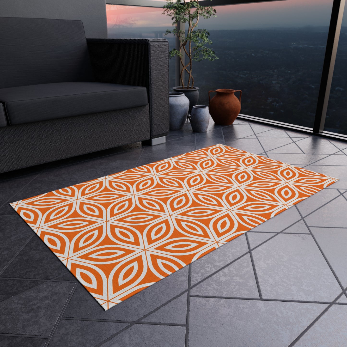 Geometric Floral Tile Outdoor/Indoor Rug | Orange Patterned Patio Mat