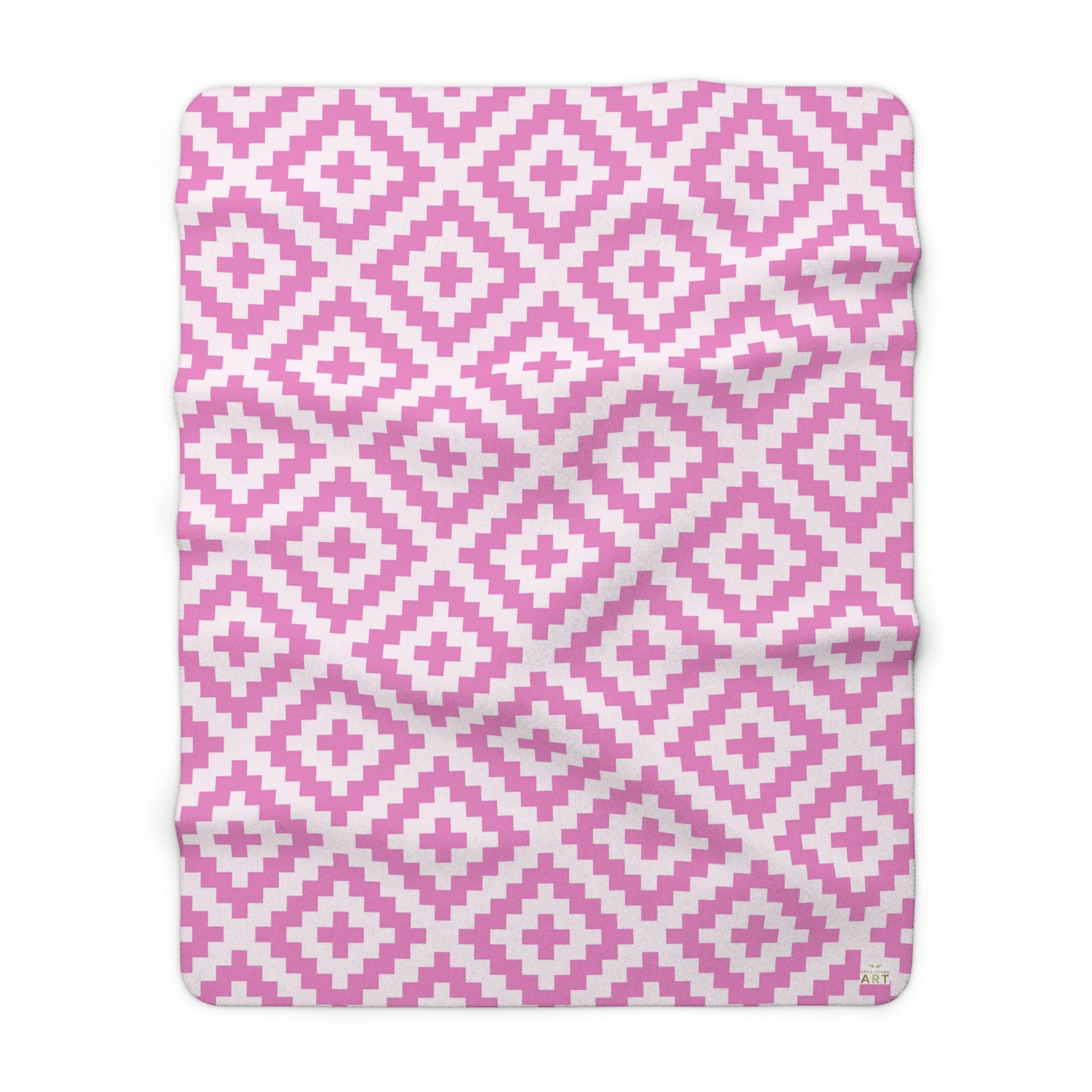 Boho Native American Pink White Geometric Diamond Pattern Sherpa Blanket | Cozy Fleece Throw