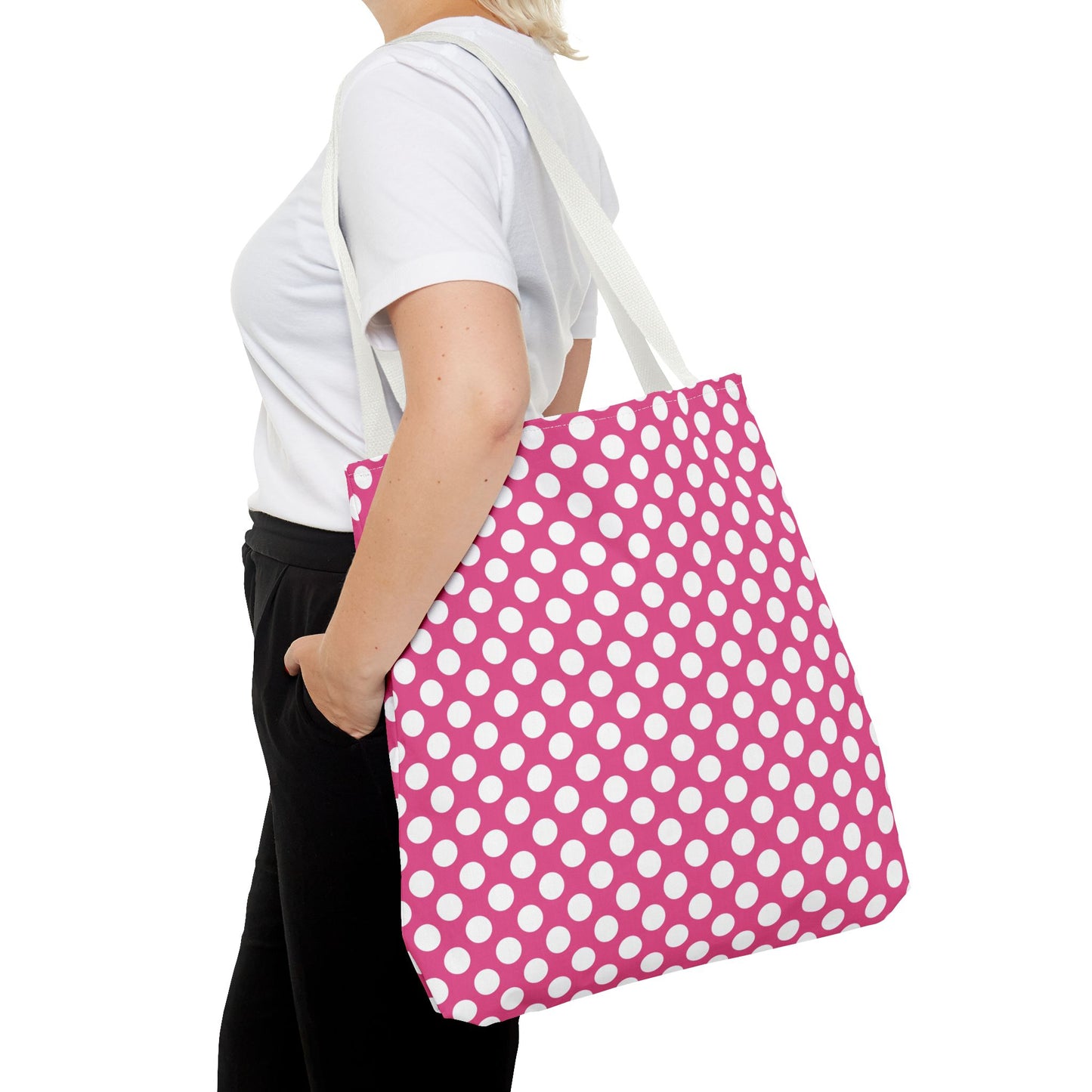 Chic Pink and White Polka Dot Tote Bag, Fun Grocery Bag, Stylish Beach Tote, Trendy Shopping Bag, Cute Gift for Her, Summer Accessories