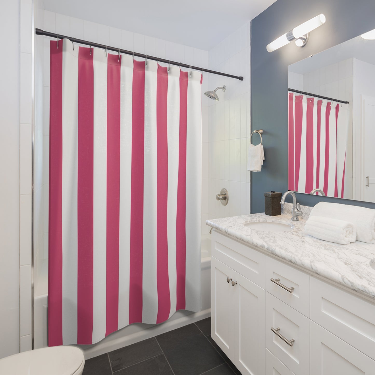 Pink and White Vertical Stripe Shower Curtain | Bathroom Stripe Decor