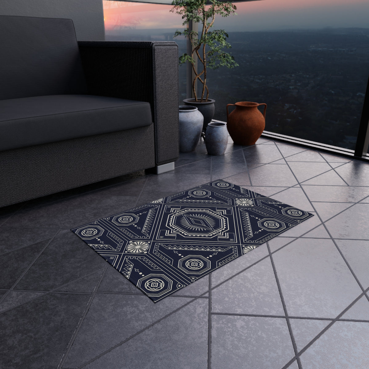 Navy Geometric Medallion Outdoor Rug | Tribal Diamond Pattern