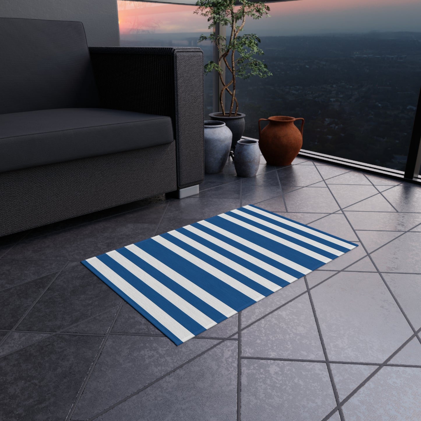 Nautical Blue Stripe Outdoor/Indoor Rug | Reversible Patio Mat