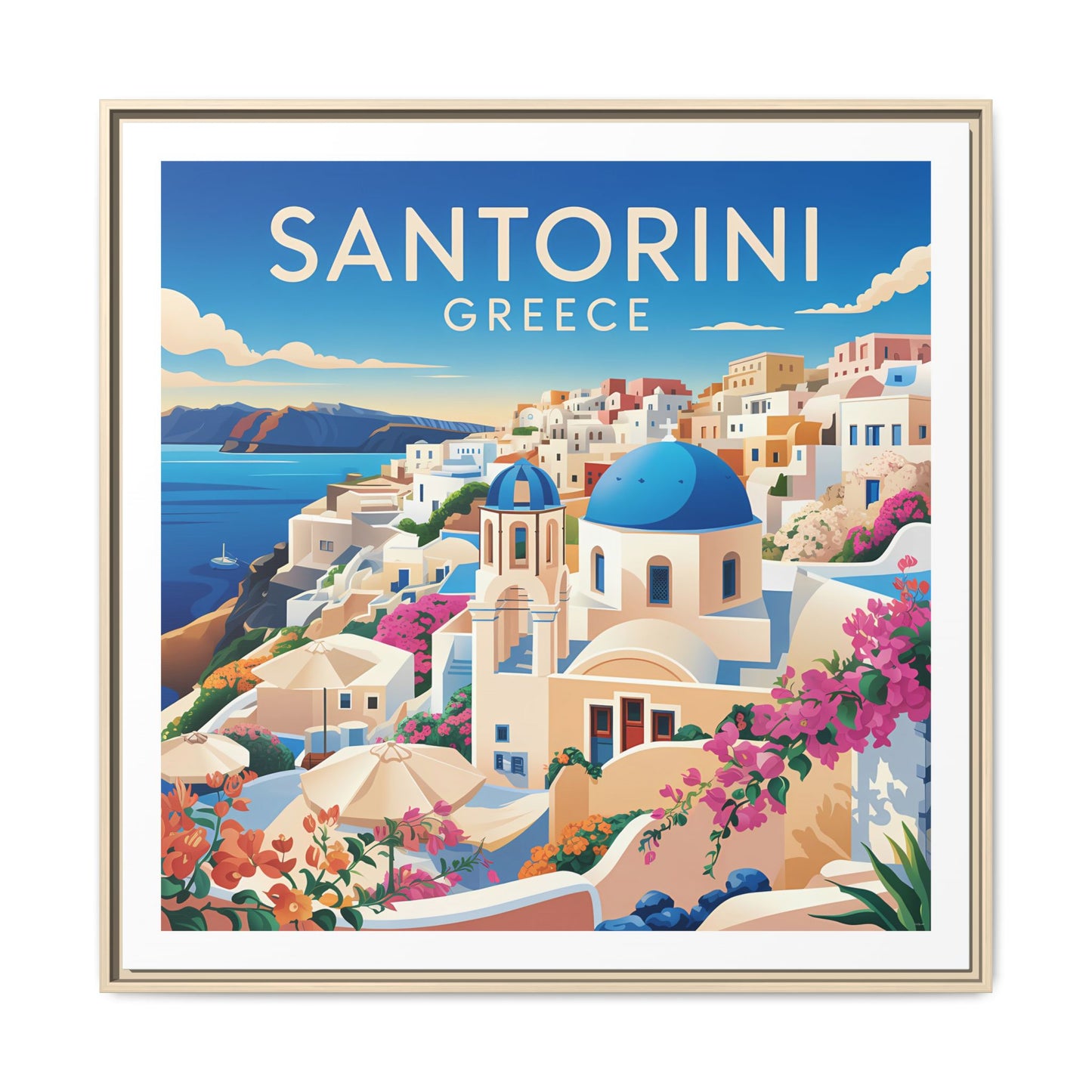 Santorini Greece Travel Art Matte Canvas Framed Wall Art