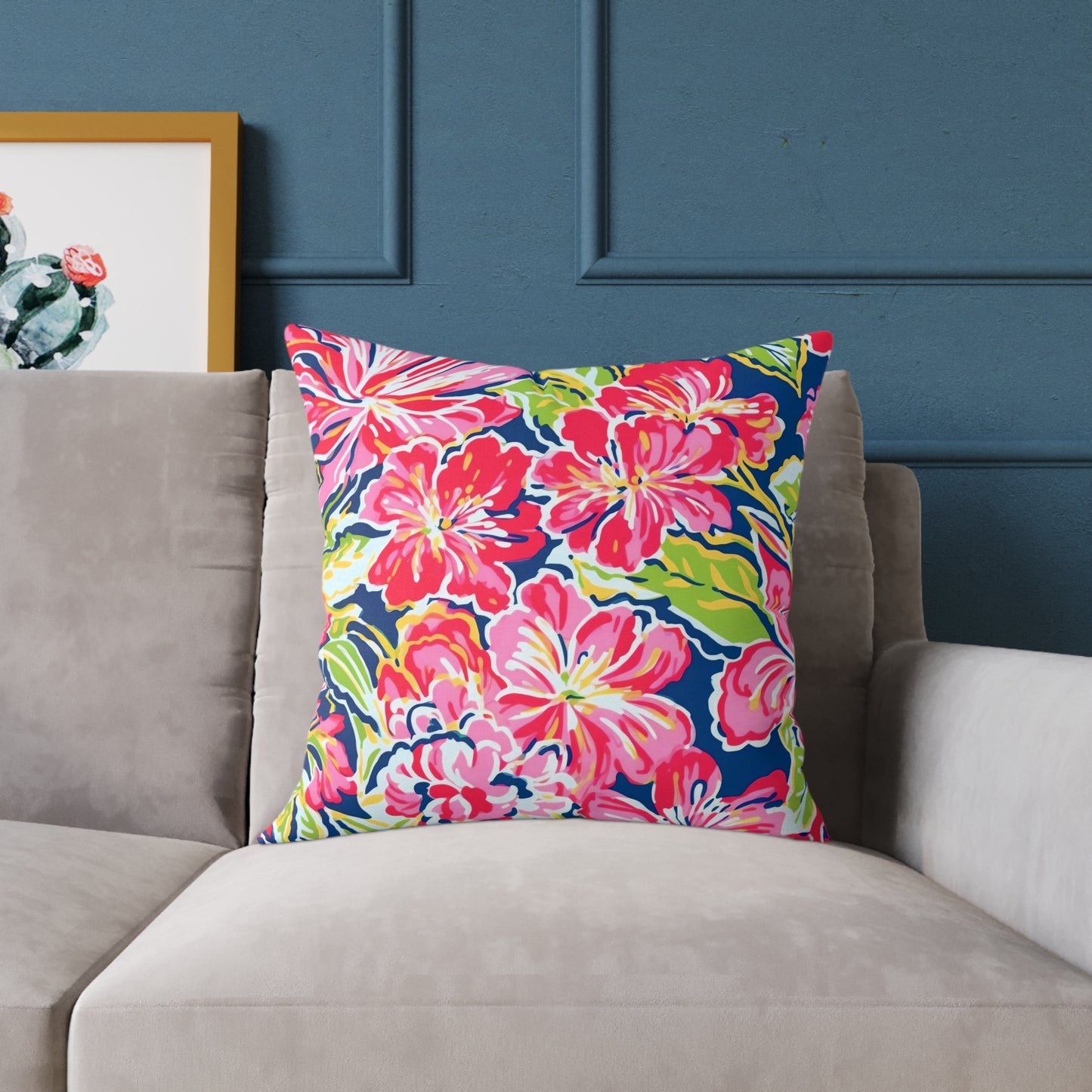 Pink Red Green Blue Tropical Hibiscus Floral Pillow | Square Poly Canvas Pillow
