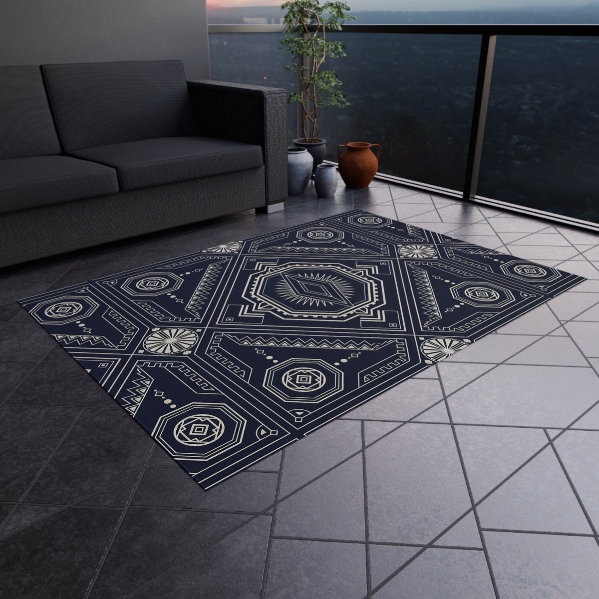Navy Geometric Medallion Outdoor Rug | Tribal Diamond Pattern