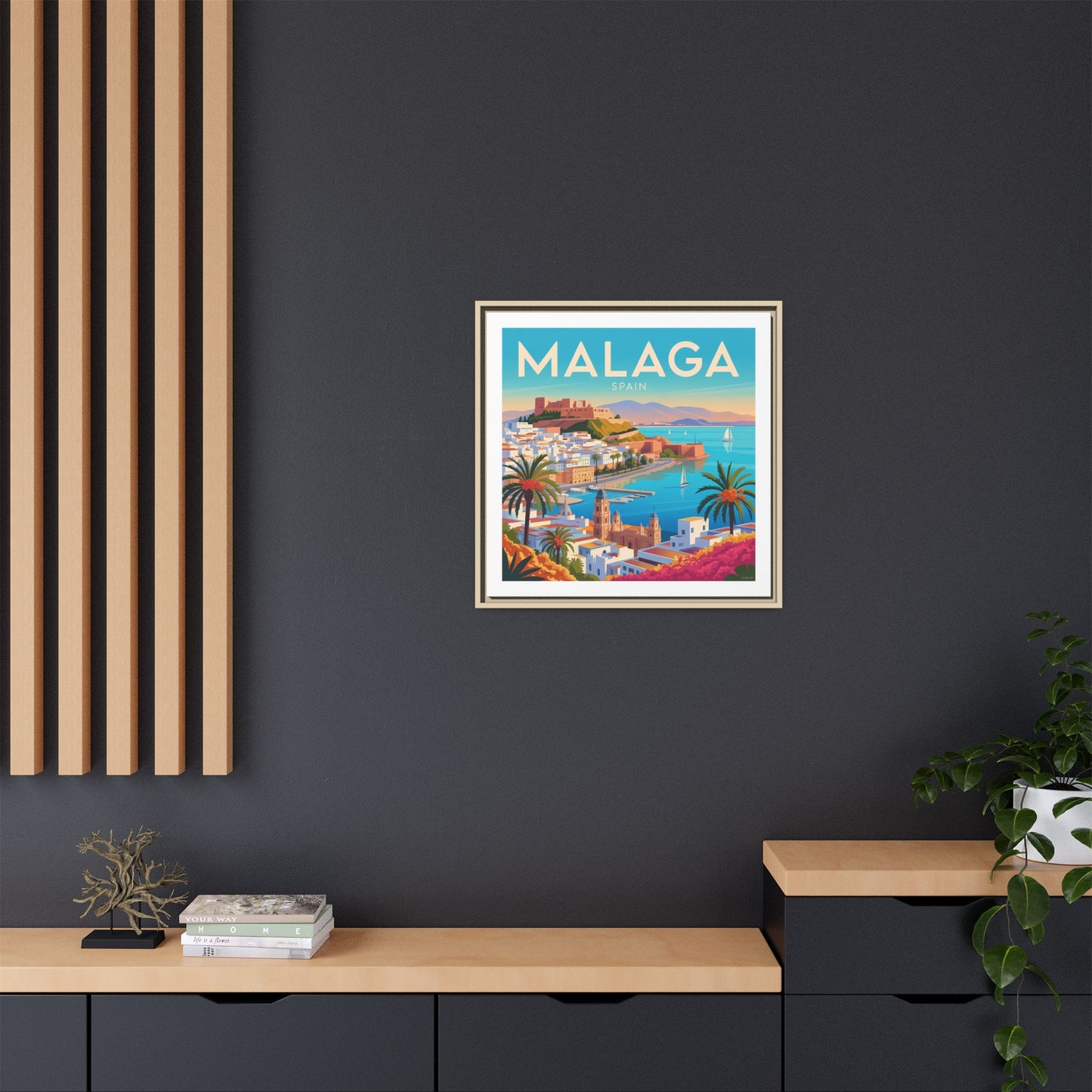 Malaga Spain Coastal  Matte Canvas Framed Wall Art| Vintage Style Travel Art