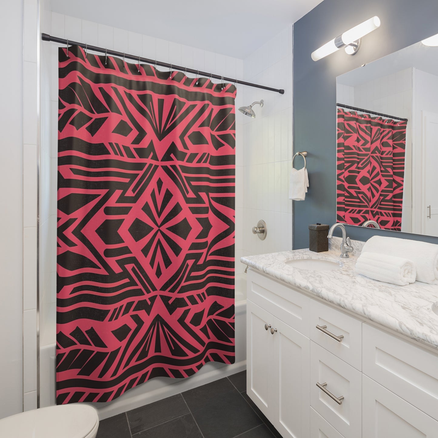 Boho Tribal Black Shower Curtain, Southwest Design on Pink-Red Background Bathroom Decor, Unique Home Accent, Hippie Style Bath Curtain,