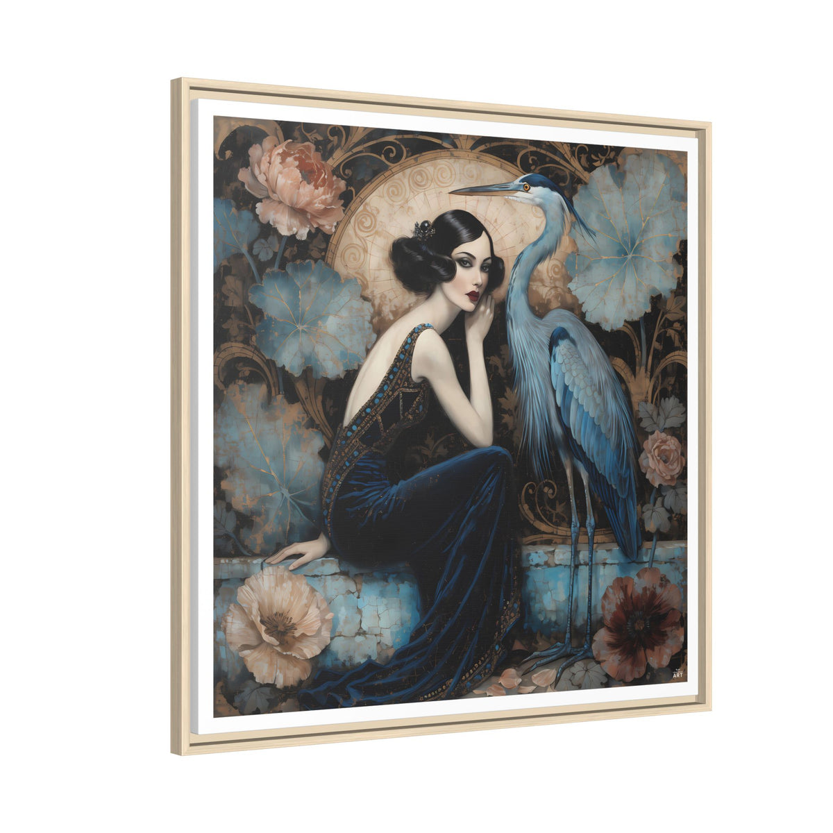 Art Deco Lady with Blue Heron Framed Canvas Wall Art