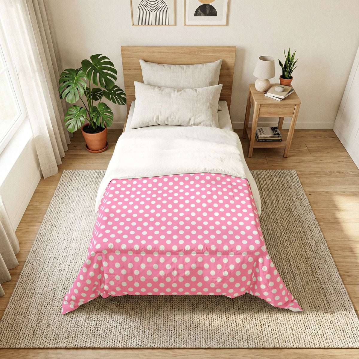 Pink White Polka Dot Cotton Comforter | White Dot Bedding, Kids Room Throw