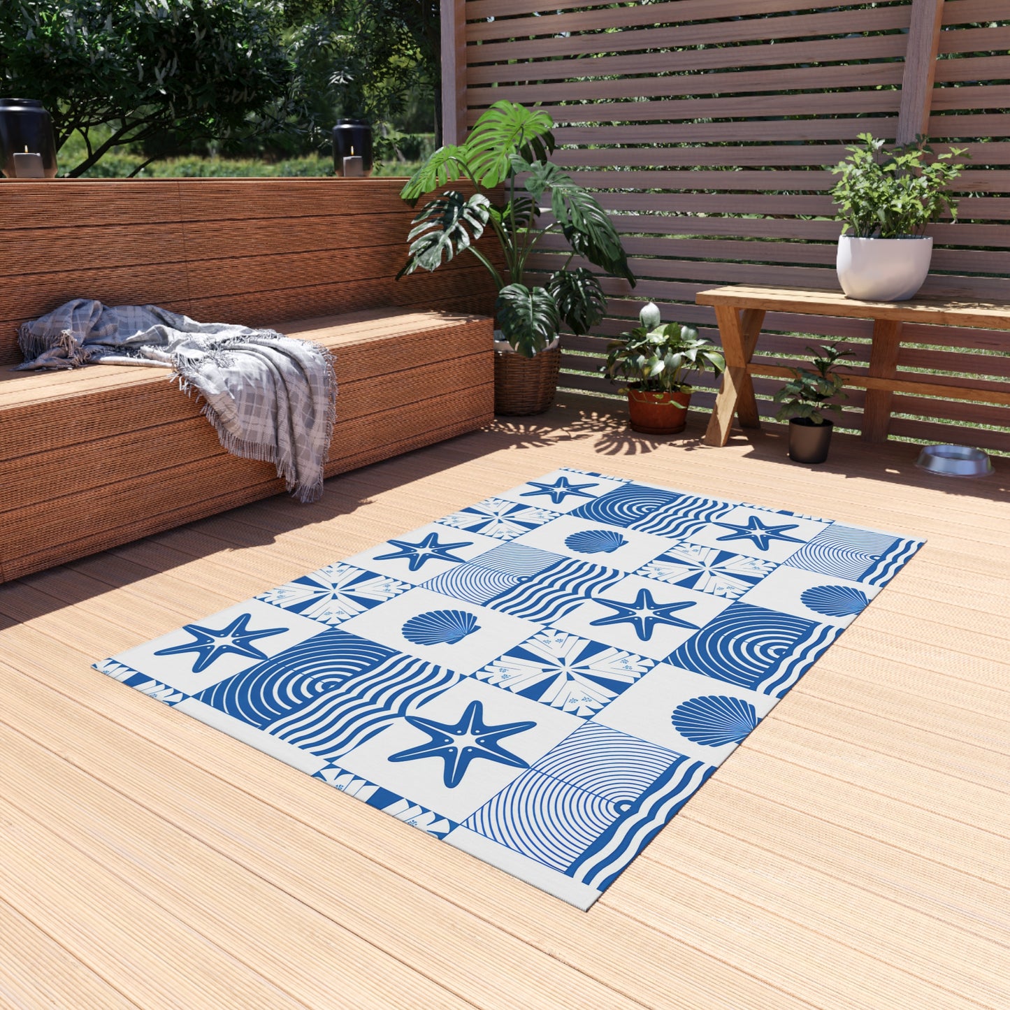Nautical Seashell Starfish Checkered Outdoor/Indoor Rug | Coastal Patio Mat
