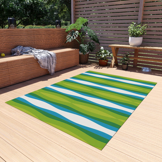 Green Blue White Wave Pattern Outdoor Rug | Striped Patio Mat