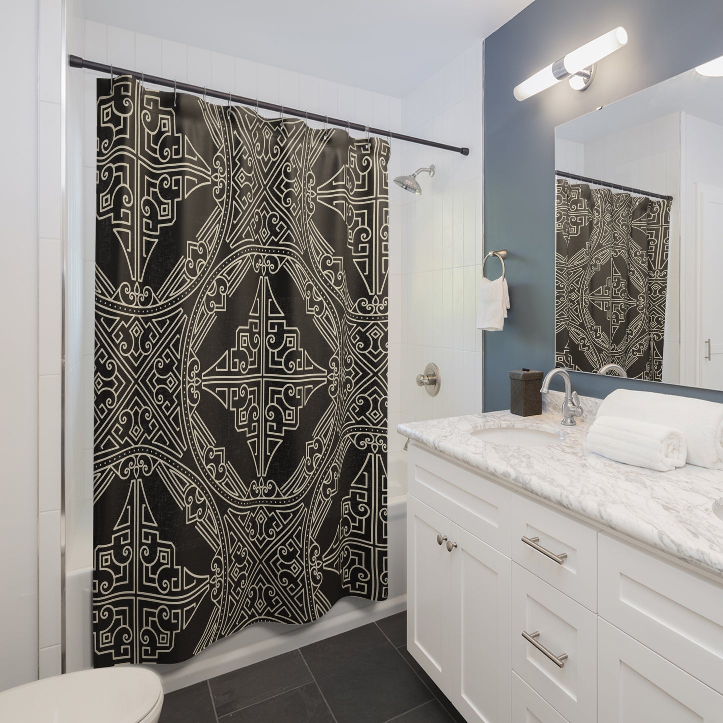 Art Deco Geometric Pattern Shower Curtain | Black White Bathroom Curtain