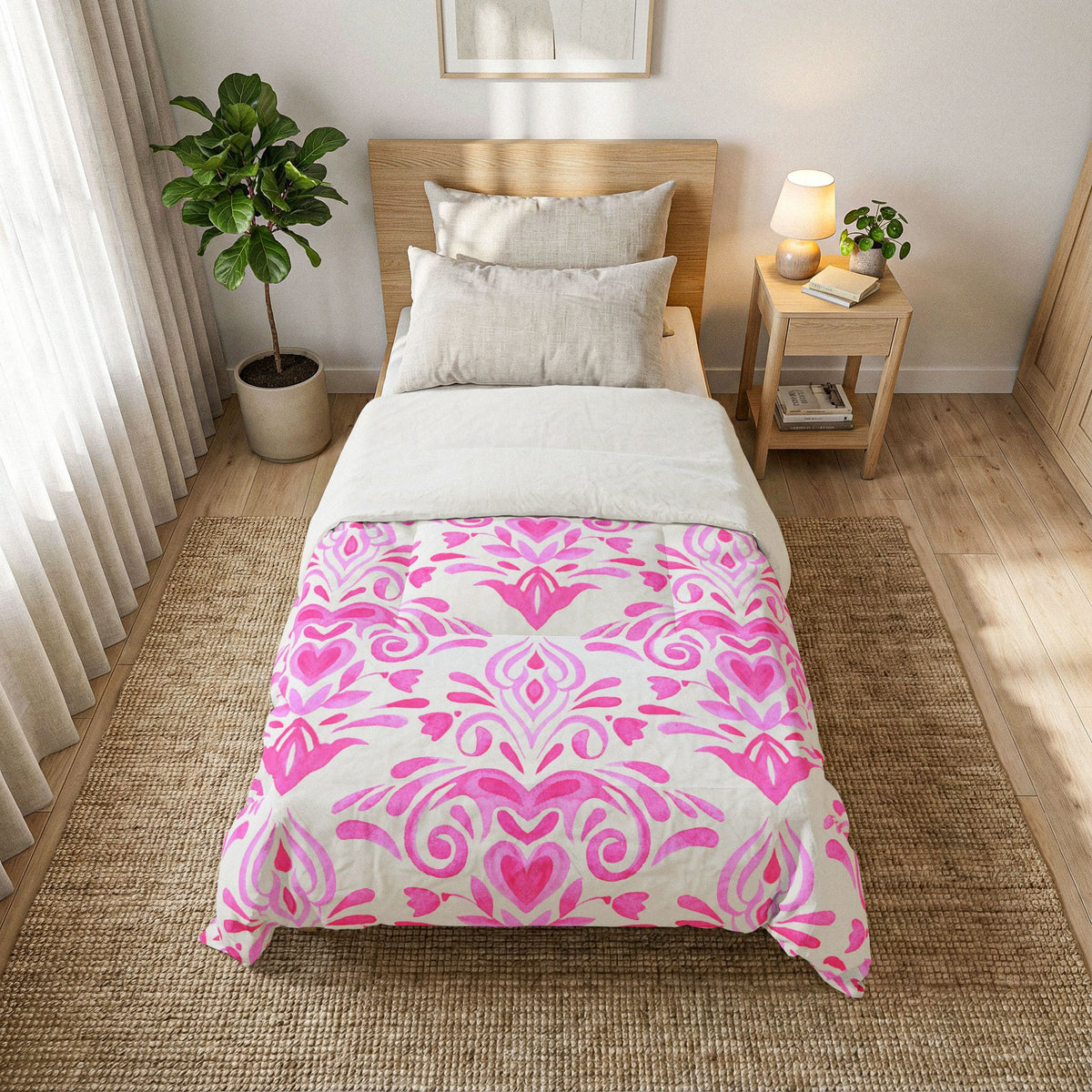 Pink Damask Pattern Cotton Comforter | Floral Heart Motif, Boho Bedroom