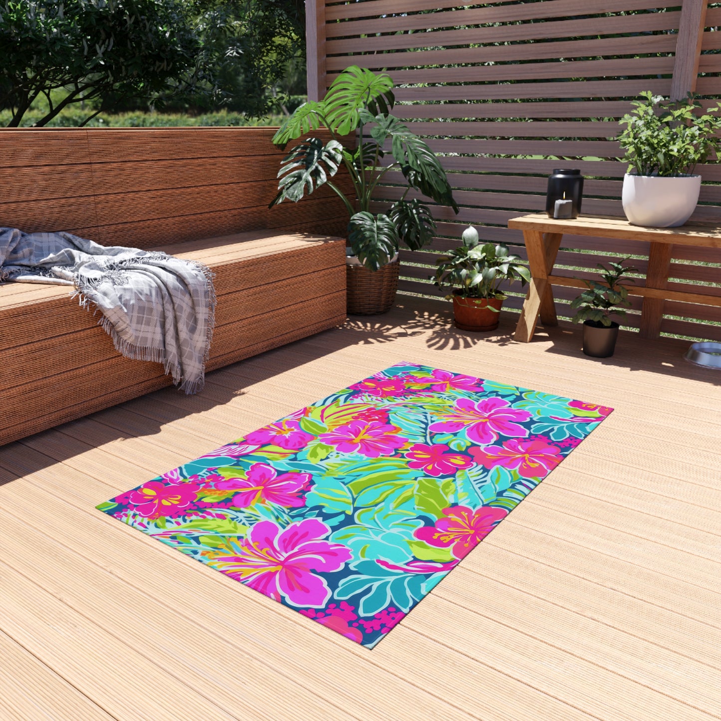 Tropical Hibiscus Floral Outdoor Rug | Bright Pink Teal Patio Mat