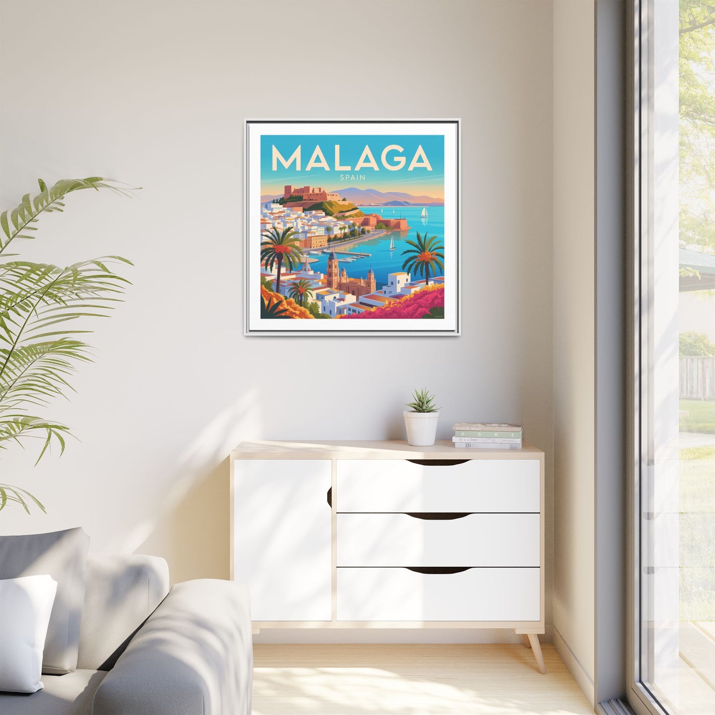Malaga Spain Coastal  Matte Canvas Framed Wall Art| Vintage Style Travel Art