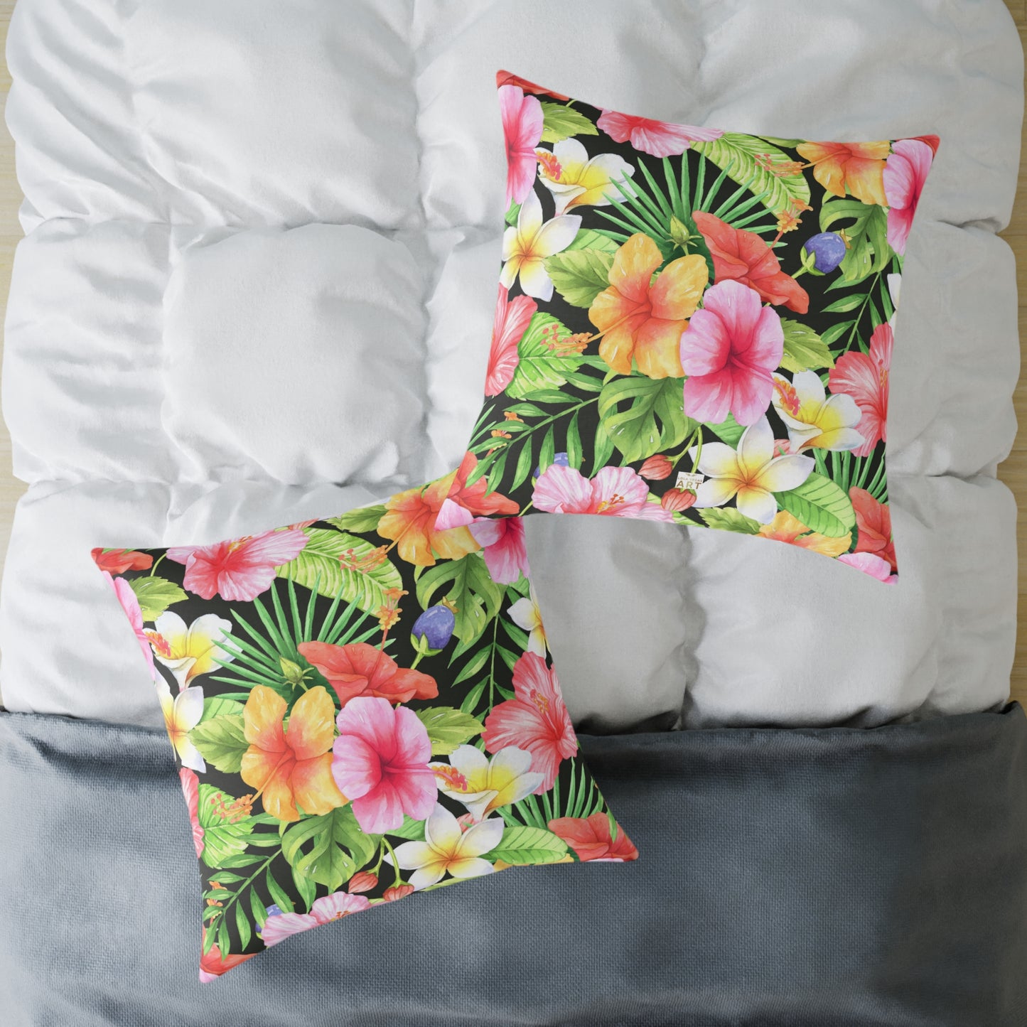 Tropical Pink Yellow Green Hibiscus Floral Square Pillow | Hawaiian Leaves Pattern