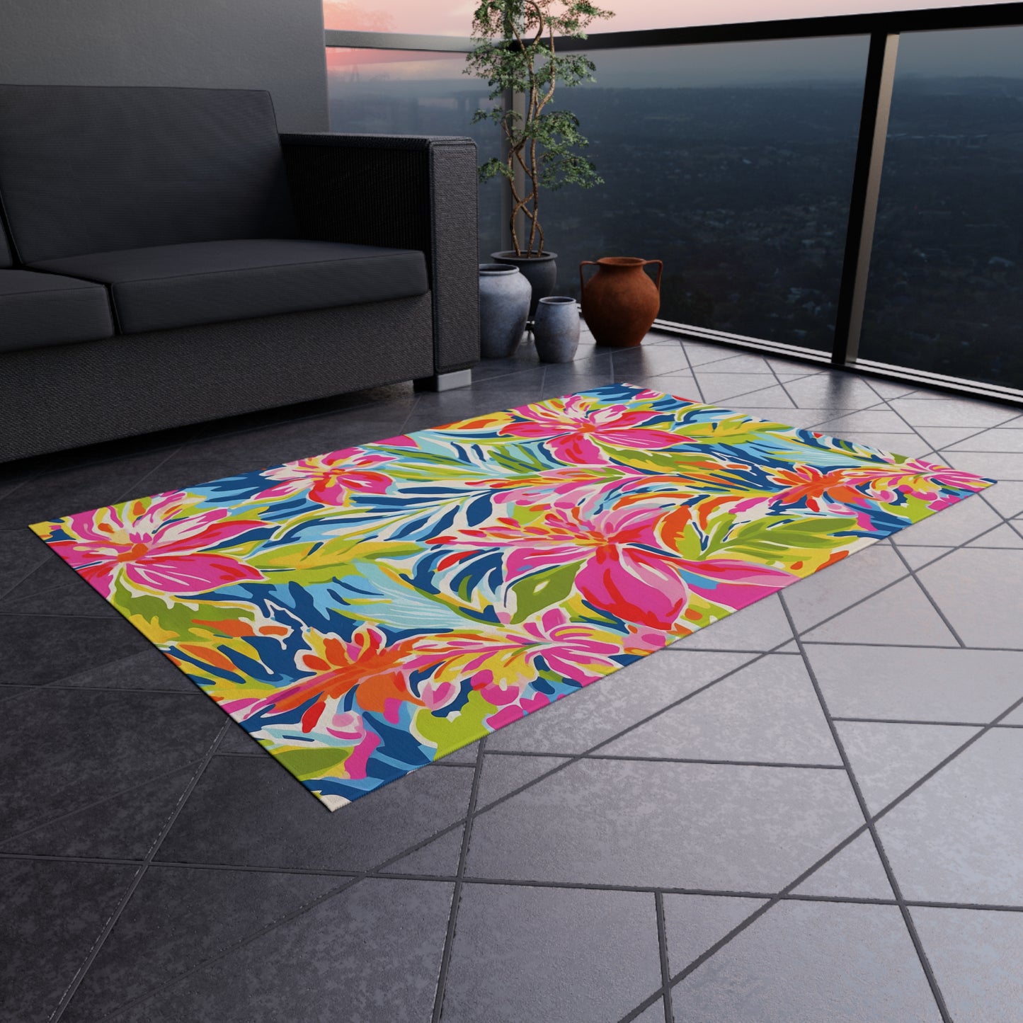 Tropical Floral Pattern Indoor/Outdoor Rug | Bright Hibiscus Beach Mat