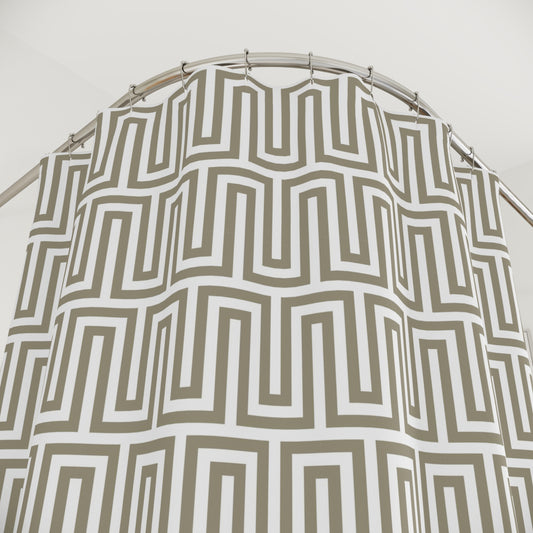 Geometric Greek Key Pattern Shower Curtain | Neutral Taupe Maze Design Classy Bathroom Accessory